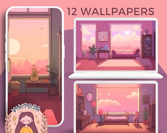 May include: Digital artwork featuring 12 wallpapers in a soft pink and orange palette. The wallpapers illustrate comfortable interior scenes with large windows overlooking a sunset. The text "12 WALLPAPERS" is displayed at the top.