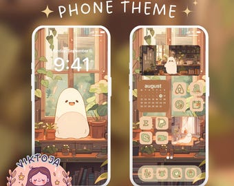 Cute ghost phone theme 2 iOS theme android theme cute phone icons Halloween wallpaper kawaii theme ipad theme autumn tablet wallpaper fall