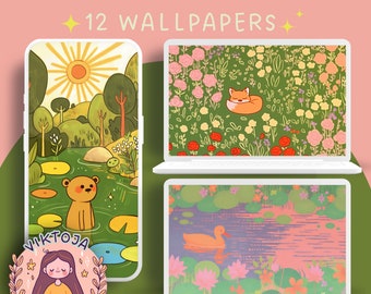 May include: A set of 12 digital wallpapers featuring cute animal illustrations in a nature theme. The wallpapers include a fox sleeping in a field of flowers, a bear in a pond, and a duck swimming in a pond.