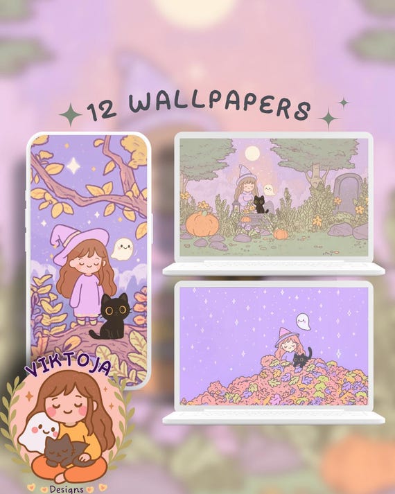 Kawaii Halloween Wallpaper Set: Purple Witch, Ghost & Cat (Digital Download)
