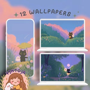 May include: Digital art featuring a phone and two laptops displaying whimsical wallpapers. The wallpapers depict a black cat and a ghost in various outdoor settings. The image includes the text "12 WALLPAPERS" and a logo with a girl, a ghost, and a cat.