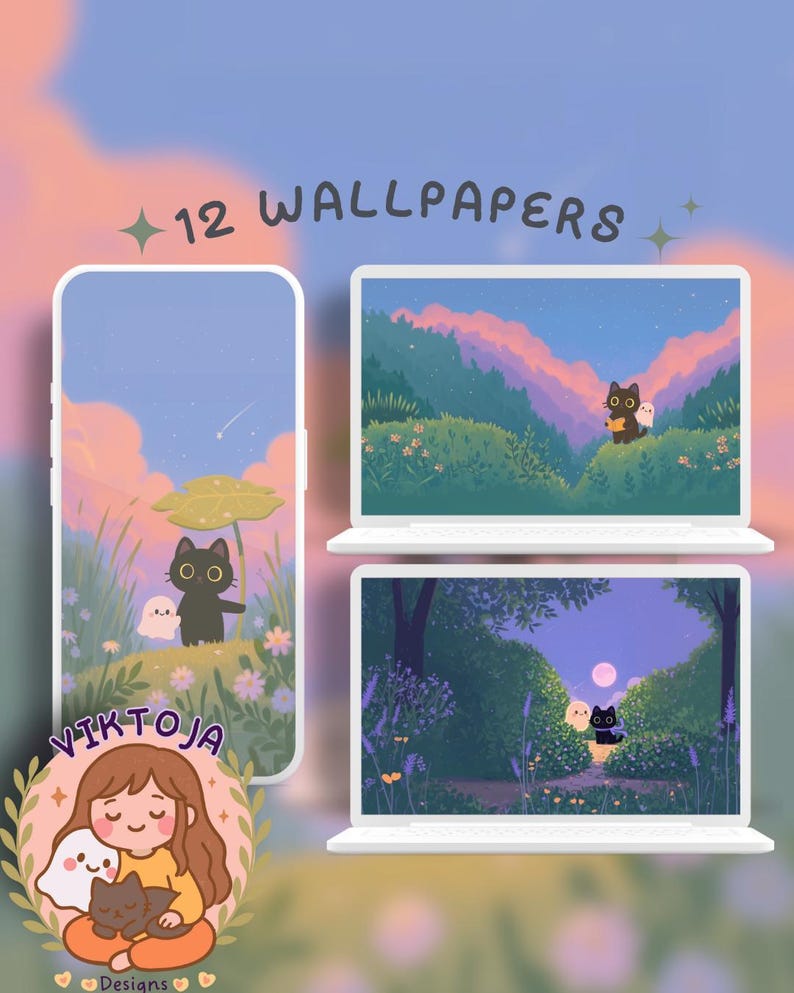 May include: Digital art featuring a phone and two laptops displaying whimsical wallpapers. The wallpapers depict a black cat and a ghost in various outdoor settings. The image includes the text "12 WALLPAPERS" and a logo with a girl, a ghost, and a cat.