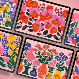May include: Five digital tablet screens displaying colorful floral patterns. Each screen features a different arrangement of flowers, leaves, and stems in a variety of colors, including pink, red, blue, yellow, and green.