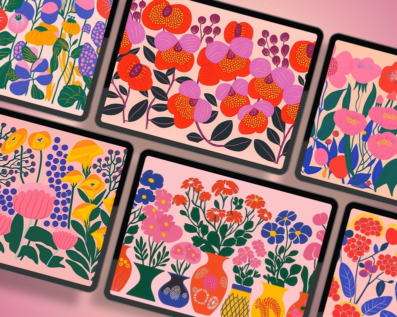 May include: Five digital tablet screens displaying colorful floral patterns. Each screen features a different arrangement of flowers, leaves, and stems in a variety of colors, including pink, red, blue, yellow, and green.