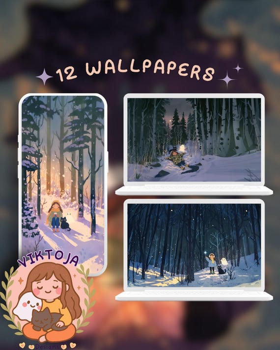 Winter night landscape wallpaper holiday lofi desktop anime forest northern lights wallpaper
