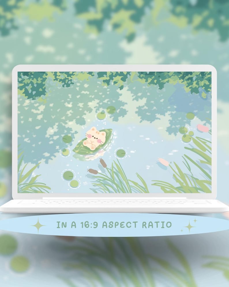 May include: A white laptop displays a serene digital illustration of a cat floating on a lily pad in a pond. The background features a soft, blurred depiction of trees and water. The text "IN A 16:9 ASPECT RATIO" is at the bottom.
