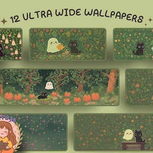 green Ghosty and inky super ultrawide Wallpaper autumn Halloween desktop wallpaper pumpkin cozy kawaii background phone wallpaper fall 4k