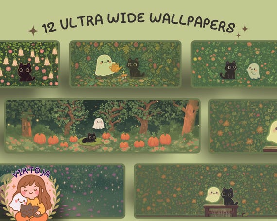 Green Ghost & Pumpkin Halloween Desktop Wallpaper: Cozy Kawaii Fall Background (Digital Download)
