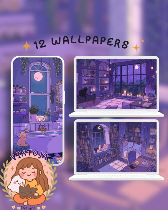 Purple Witchy cats Wallpaper Set, Kawaii (Digital Download