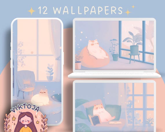 Cozy Cats Wallpaper Set: Pastel Autumn Desktop & Mobile (Digital Download)