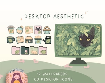 Matcha Cat-bureaubladachtergrondbundel, Kawaii-pictogrammen (digitale download)