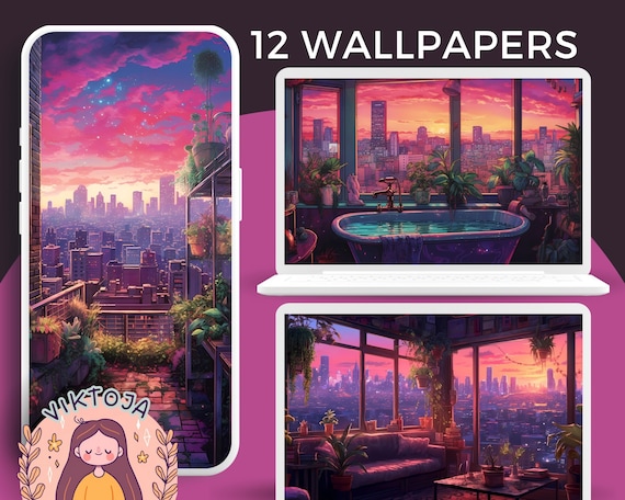 Lofi Rooftop Wallpaper Set, Cozy City Views (Digital Download)