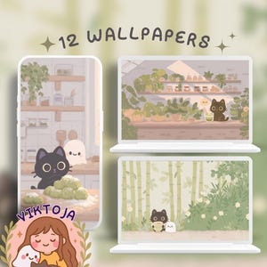 Könnte beinhalten: Digitale Hintergrundbilder mit einer schwarzen Katze und einem Geist in verschiedenen Szenen, darunter eine Küche und ein Bambuswald. Das Bild enthält den Text "12 WALLPAPERS" und ein Logo mit einem Mädchen, einer Katze und einem Geist.