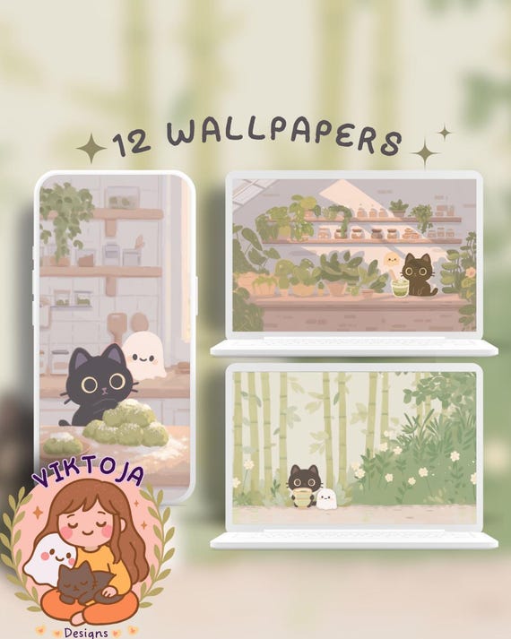 Green Lofi Wallpaper Set: Matcha, Cat & Ghost (Digital Download)