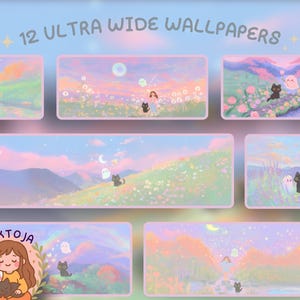Puede incluir: Una colección de 12 fondos de pantalla ultra anchos con paisajes pastel y elementos caprichosos. Cada diseño muestra una escena serena con un gato negro, un fantasma y una persona. La paleta de colores incluye rosas, azules y verdes suaves.