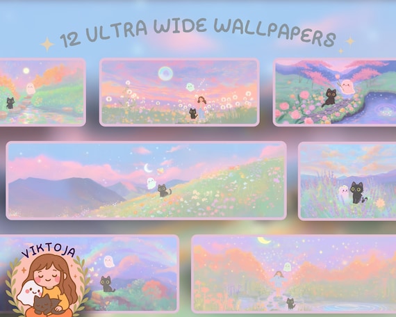 dreamy spring cat and ghost Ultrawide Wallpaper Set Desk Setup Desktop for 21:9 32x9