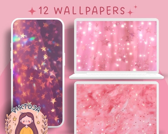 Rose Pink Glitter Star Wallpaper Set, Phone & Desktop (Digital Download)
