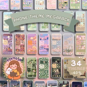 May include: A digital collection of 34 smartphone themes featuring various pastel and nature-inspired backgrounds with custom app icons and calendar widgets. A green banner displays the text PHONE THEME MEGAPACK, and a logo shows a character holding a cat.