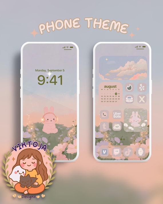 Pink Bunny Phone Theme: iOS & Android Icons, Wallpaper (Digital Download)