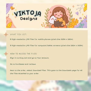 May include: A banner with the text "VIKTOJA Designs" and an illustration of a person with a ghost and a cat. The banner also includes information about the digital files, including the pixel sizes and how to access them.