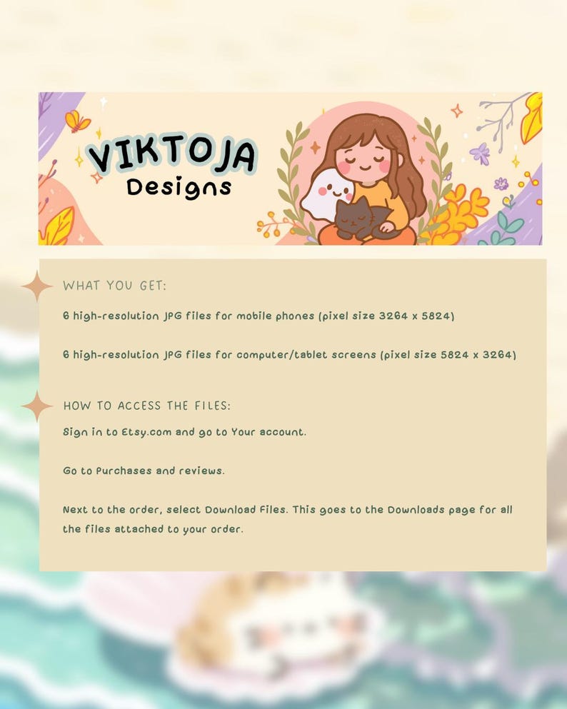 May include: A banner with the text "VIKTOJA Designs" and an illustration of a person with a ghost and a cat. The banner also includes information about the digital files, including the pixel sizes and how to access them.