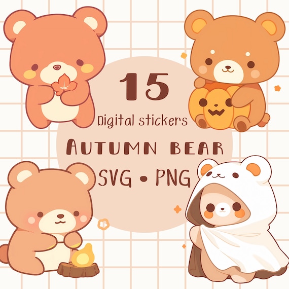 Kawaii Autumn Bear Clipart: 15 PNG & SVG Graphics (Digital Download)