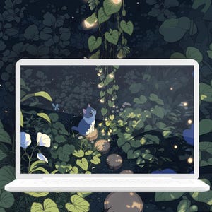 May include: A white laptop shows a digital illustration of a blue and white cat looking upwards. The background features green foliage, glowing lights, and a whimsical atmosphere. The scene evokes a sense of peace and tranquility.