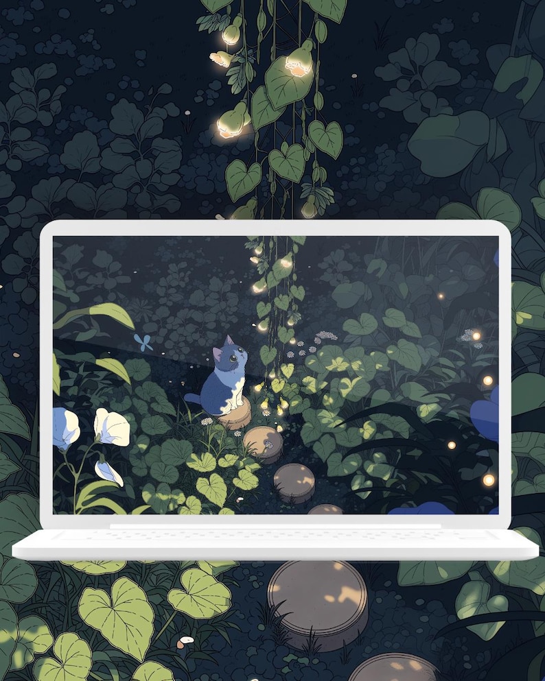 May include: A white laptop shows a digital illustration of a blue and white cat looking upwards. The background features green foliage, glowing lights, and a whimsical atmosphere. The scene evokes a sense of peace and tranquility.