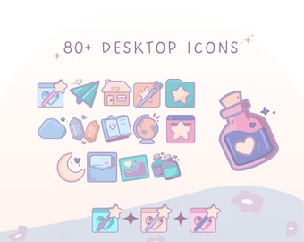 May include: A set of 80+ pastel-colored desktop icons featuring a variety of cute designs, including a house, a cloud, a book, a globe, a folder, a moon, a letter, a crystal, a potion bottle, and a magic wand. The icons are perfect for adding a touch of whimsy to your computer desktop.