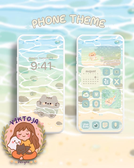 Water cats beach Phone Theme: Summer Icons, Spring Wallpaper (Digital Download)