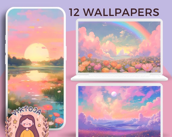 Pastel Meadow Wallpaper Set, Lofi Scenes (Digital Download)
