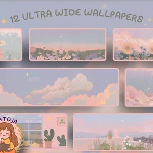 Könnte beinhalten: Ein digitaler Kunstdruck mit 12 Ultra-Wide-Hintergründen mit pastellfarbenen Landschaften. Jeder Hintergrund zeigt skurrile Szenen mit Hasen, Blumen und verträumten Himmeln. Der Name des Künstlers, VIKTOJA, wird in einem kreisförmigen Logo angezeigt.