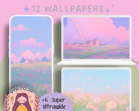 Pastel Meadow Wallpaper Set: Lofi Rainbow Desktop & Mobile (Digital Download)