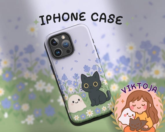 Ghost Cat iPhone Tough Case, Pastel Floral Cover