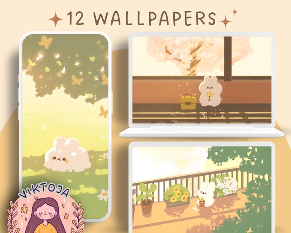 Kawaii Bunny Wallpaper Set: Pastel Phone & Desktop Backgrounds (Digital Download)