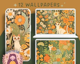 Cottagecore Cat Wallpaper Bundle: Cozy Plants Backgrounds (Digital Download)