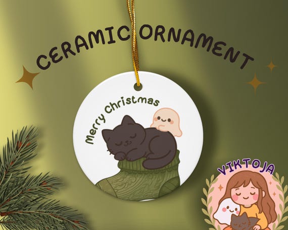 Kawaii Black Cat Ceramic Christmas Ornament: Spooky Holiday Decor