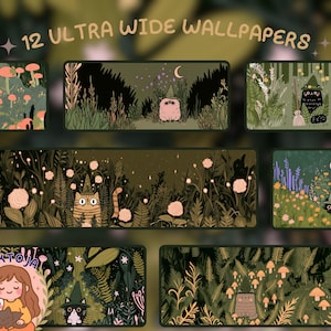 May include: A digital collection of 12 ultra wide wallpapers featuring illustrated scenes of cats wearing pointed hats in forest settings with mushrooms, flowers, and foliage. The text 12 ULTRA WIDE WALLPAPERS and VIKTOJA are visible in the image.