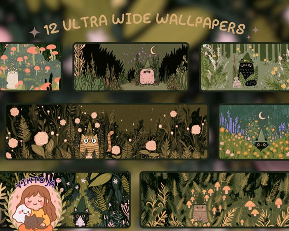 Green Witch cat Wallpaper: woodland whimsical (Digital Download 12-Pack)