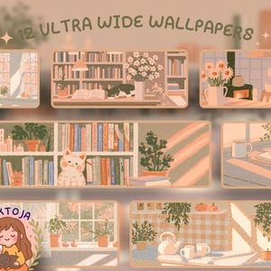 May include: A collection of 12 ultra wide digital wallpapers featuring illustrated scenes in a warm, muted color palette. The images depict cozy indoor settings, including bookshelves, potted plants, cats, and kitchen scenes with soft lighting.