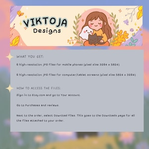 May include: A banner with the text "VIKTOJA Designs" and an illustration of a person with a ghost and a cat. The banner also includes information about the digital files, including the pixel sizes for mobile phones and computer/tablet screens.