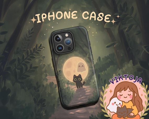 Kawaii Ghost Cat iPhone Case: Witchy Moon Forest Art, Spooky Celestial Gift