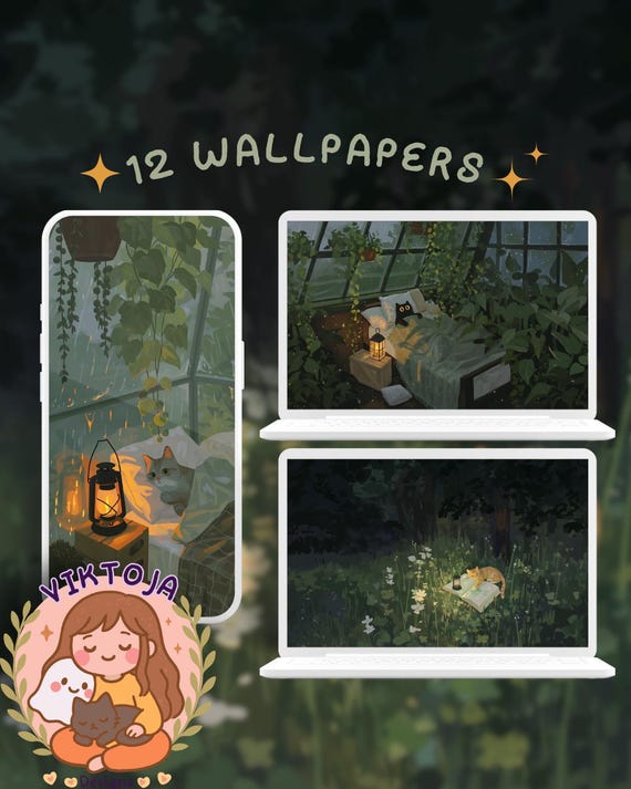 Rainy Day Cats Wallpaper Set: cozy nights flowers (Digital Download)
