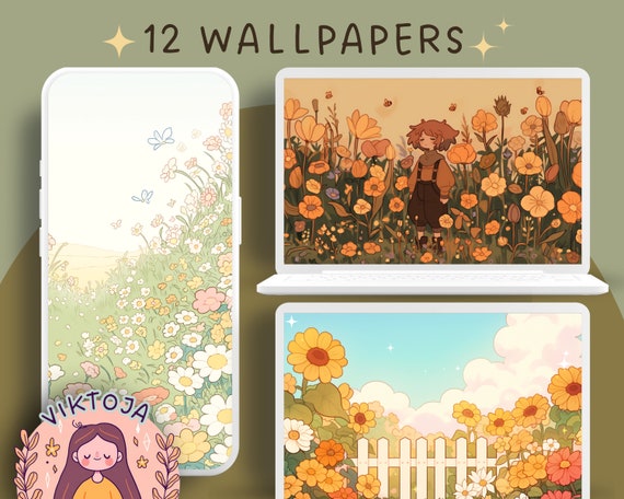 Kawaii Cottagecore Wallpaper Set: Floral Phone & Desktop Backgrounds (Digital Download)
