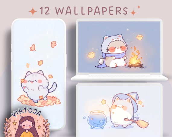 Kawaii Cat Autumn Wallpaper: Pumpkin Halloween Screensaver (Digital Download)