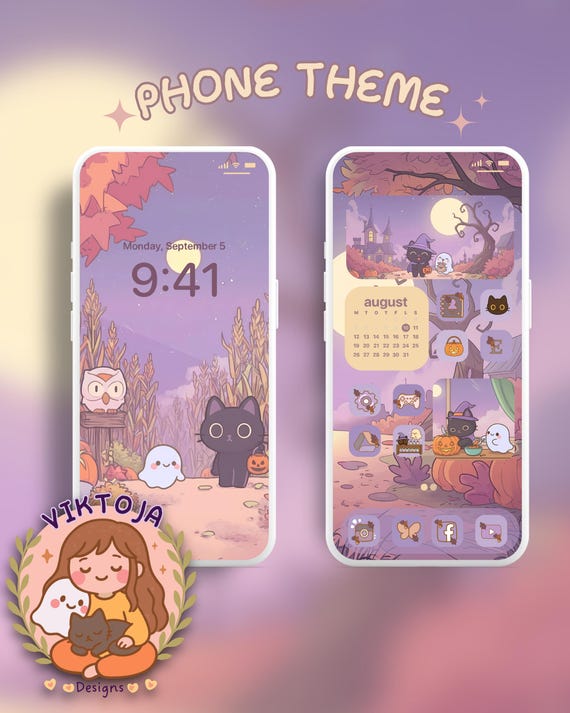Purple halloween Cat Phone Theme: iOS Android Icons & Wallpaper (Digital Download)