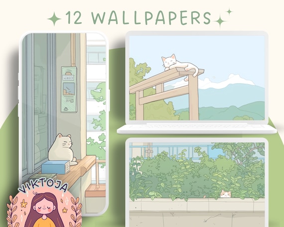 Cozy Cats & Plants Wallpaper Set: Tokyo Style (Digital Download)