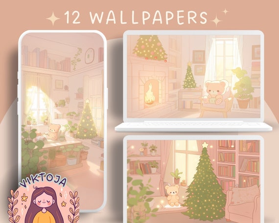 Kawaii Christmas Bear Wallpaper: Cozy Holiday Screensaver (Digital Download)