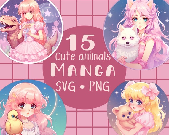 Kawaii Manga Girl Clipart, Anime Pet Graphics (Digital Download)