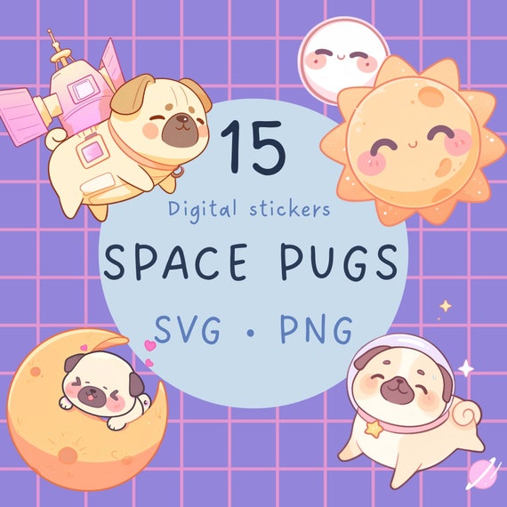 Space Pug Clipart: Kawaii Galaxy Stickers (SVG, PNG)